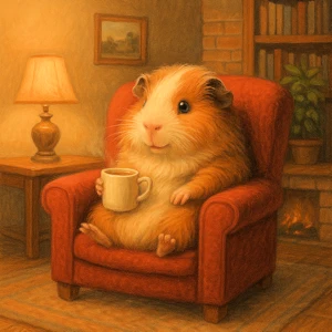 KI Bild - Meerschweinchen im Sessel in einem Wohnzimmer mit einer Tasse in der Hand